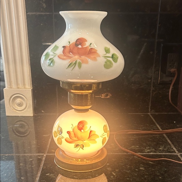 Hand-Painted Floral Milk Glass Table Lamp - Orange Rose - Picture 3 of 6